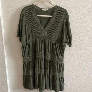 Lucky Brand Olive Green Midi Dress with Pintuck & Lace Detail
